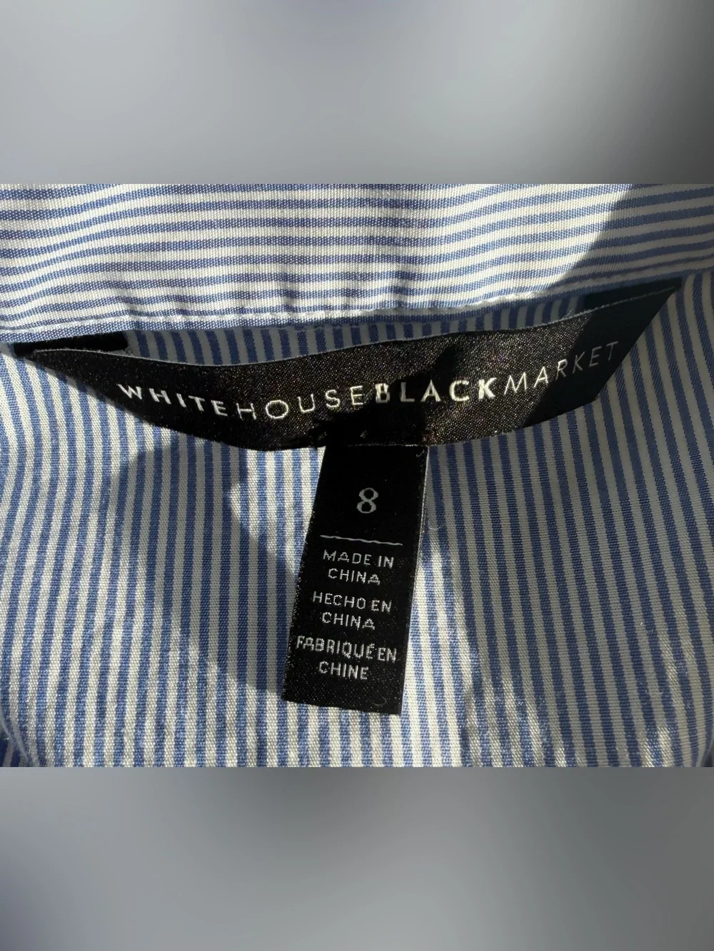 White House Black Market Blue White Pinstriped Tie Waist Button Blouse Size 8 - Picture 5 of 6